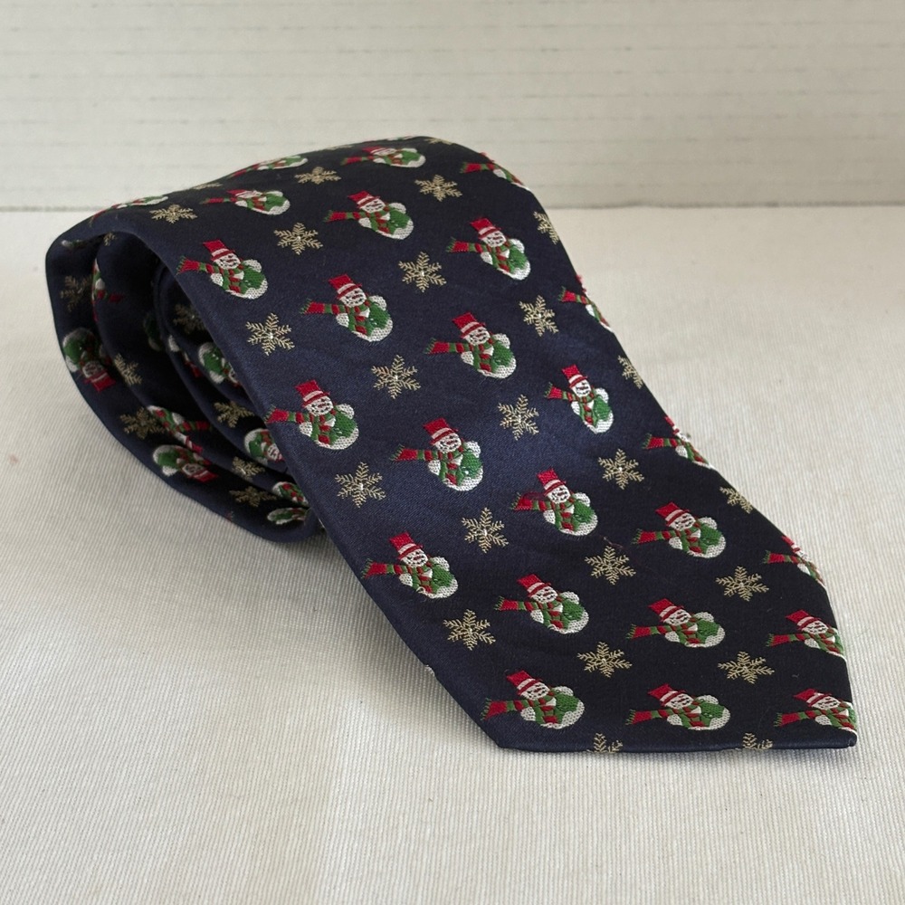 IZOD Mens Christmas‎ Snowman Snowflake Necktie Navy Blue 100% Silk